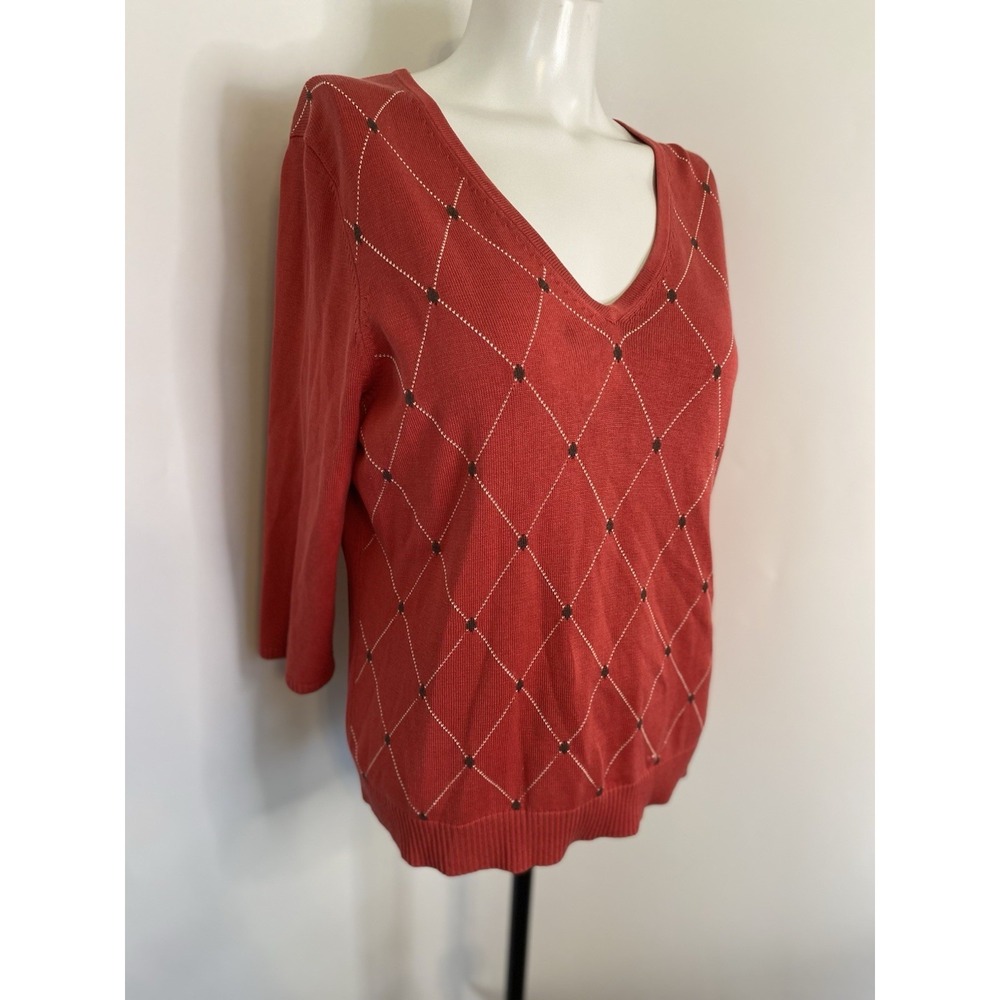 Brooks Brothers Red Size L Womens Silk‎ Blend V-Neck Argyle Sweater 3/4 Sleeves